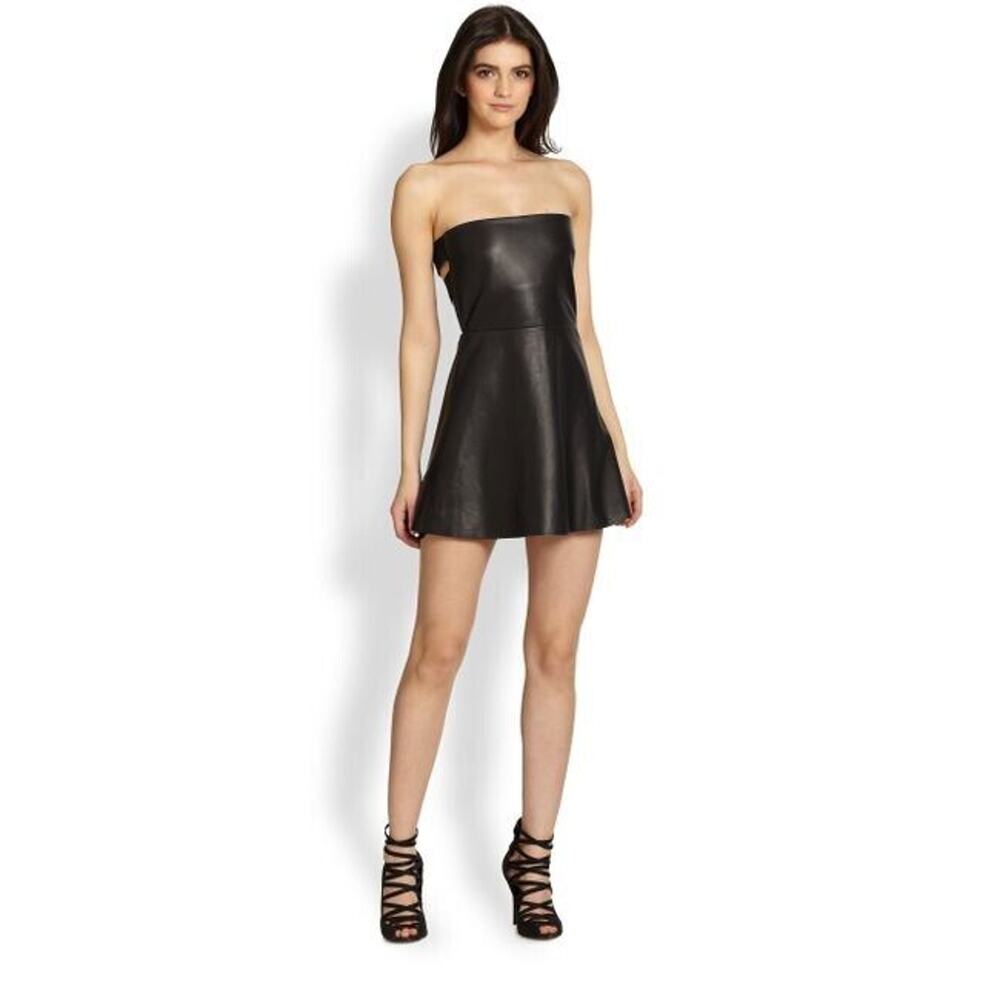Mason by Michelle Mason Womens Black Lamb Leather fit & flare cutout dress SZ 2
